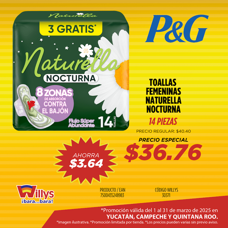 TOALLAS FEMENINAS NATURELLA NOCTURNA 14 PZAS