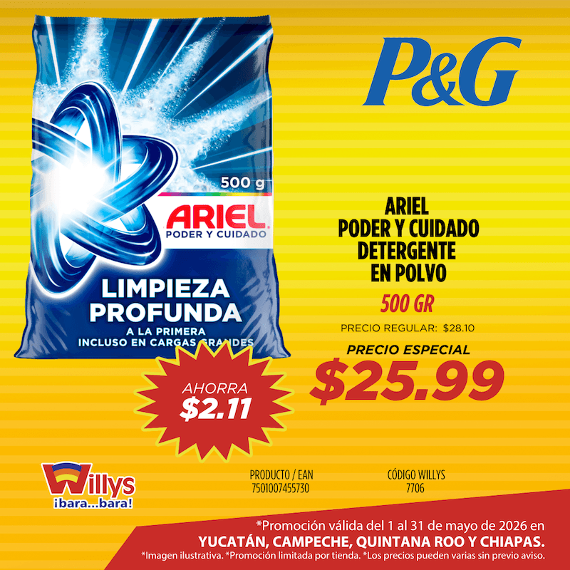 ARIEL PODER Y CUIDADO DETERGENTE EN POLVO 500GR
