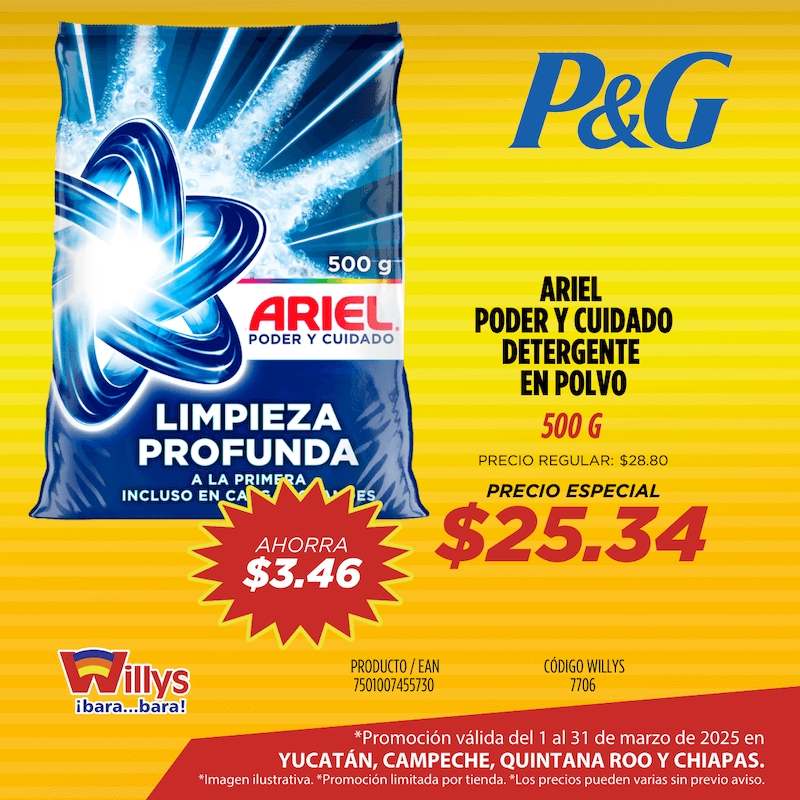ARIEL PODER Y CUIDADO DETERGENTE EN POLVO 500G