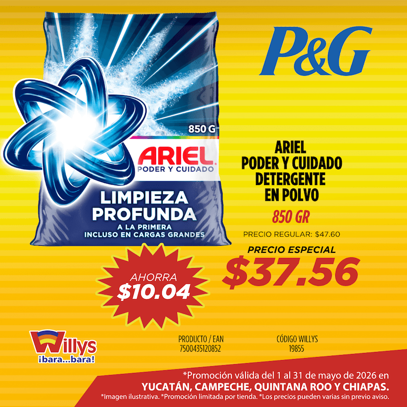 ARIEL PODER Y CUIDADO DETERGENTE EN POLVO 850GR