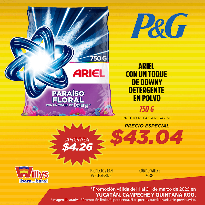 ARIEL CON UN TOQUE DE DOWNY DETERGENTE EN POLVO 750G