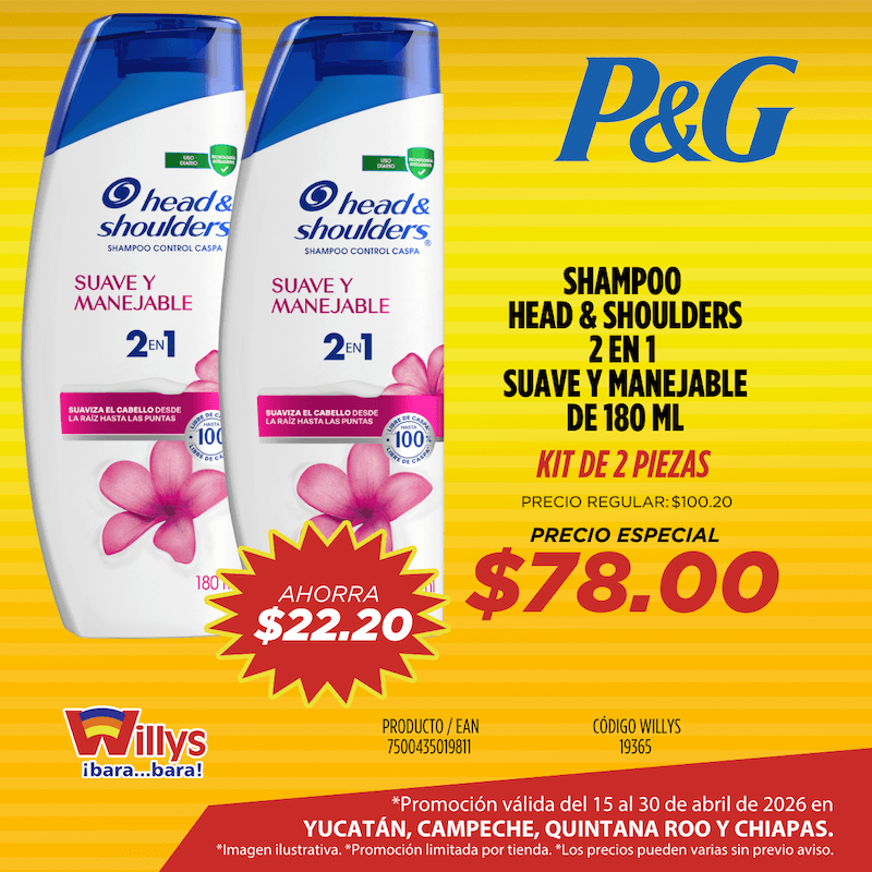 SHAMPOO HEAD AND SHOULDERS 2 EN 1 SUAVE Y MANEJABLE 180ML