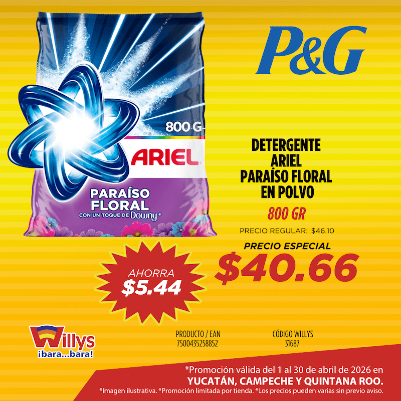 DETERGENTE ARIEL PARAÍSO FLORAL EN POLVO 800GR