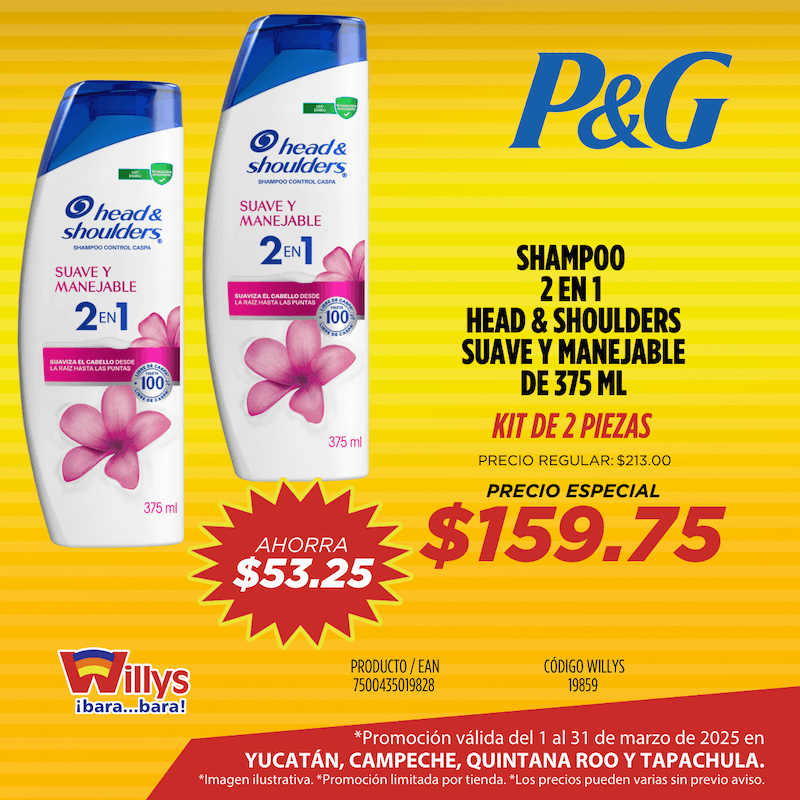 SHAMPOO 2 EN 1 HEAD AND SHOULDERS SUAVE Y MANEJABLE 375ML