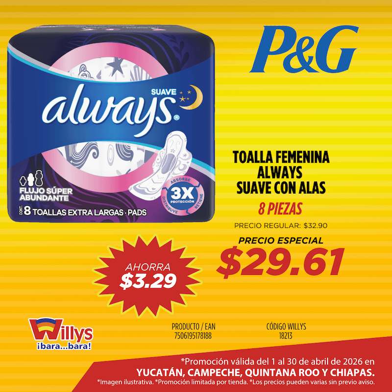 TOALLA FEMENINA ALWAYS SUAVE CON ALAS 8 PZAS