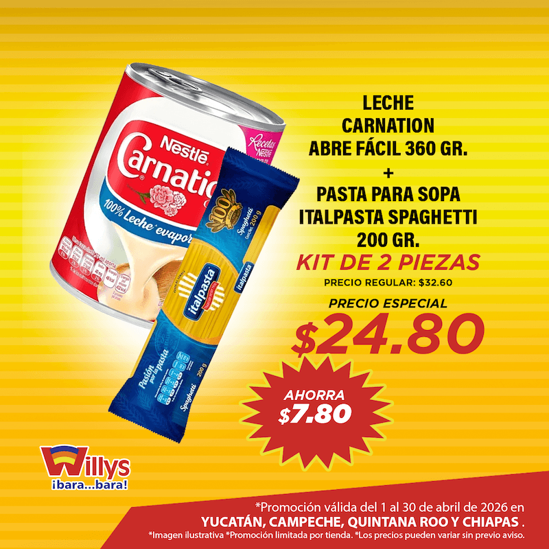 LECHE CARNATIO ABRE FACIL 360 GR   PASTA PARA SOPA ITALPASTA SPAGUETTI 200 GR
