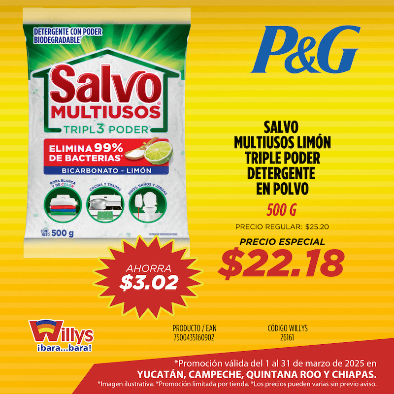SALVO MULTIUSOS LIMON TRIPLE PODER DETERGENTE EN POLVO 500G