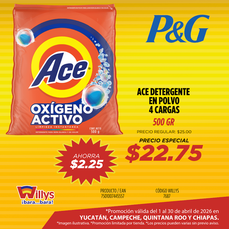 ACE DETERGENTE EN POLVO 4 CARGAS 500GR
