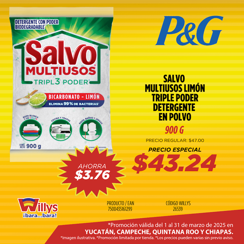 SALVO MULTIUSOS LIMON TRIPLE PODER DETERGENTE EN POLVO 900G