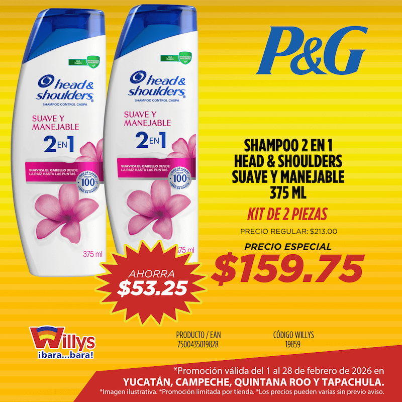 SHAMPOO 2 EN 1 HEAD AND SHOULDERS SUAVE Y MANEJABLE 375ML