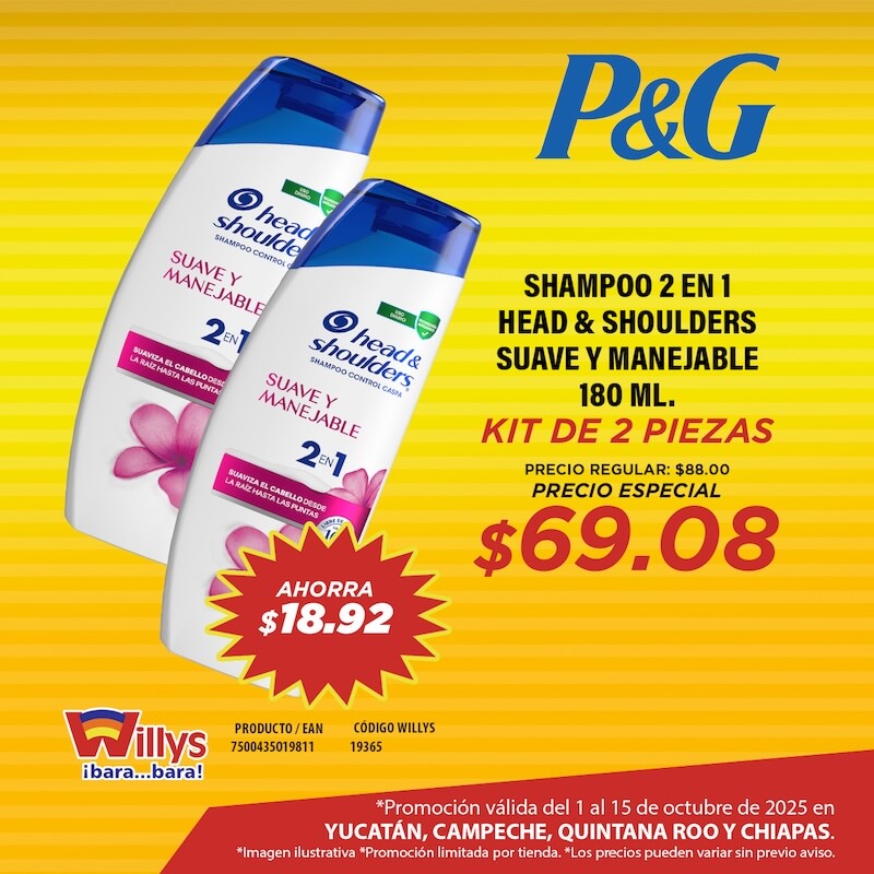 SHAMPOO 2 EN 1 HEAD AND SHOULDERS SUAVE Y MANEJABLE 180ML