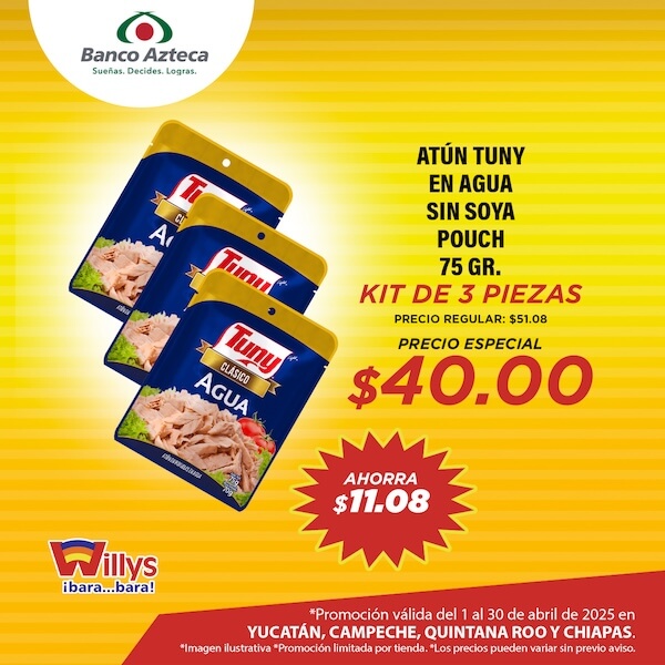 ATÚN TUNY EN AGUA SIN SOYA POUCH 75GR.