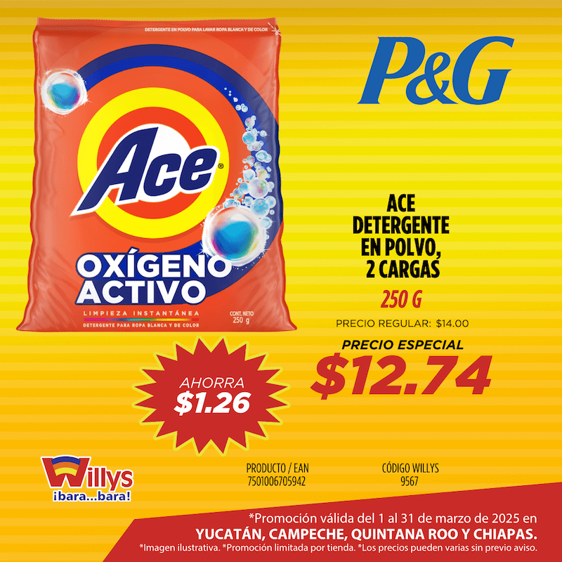 ACE DETERGENTE EN POLVO 2 CARGAS 250G