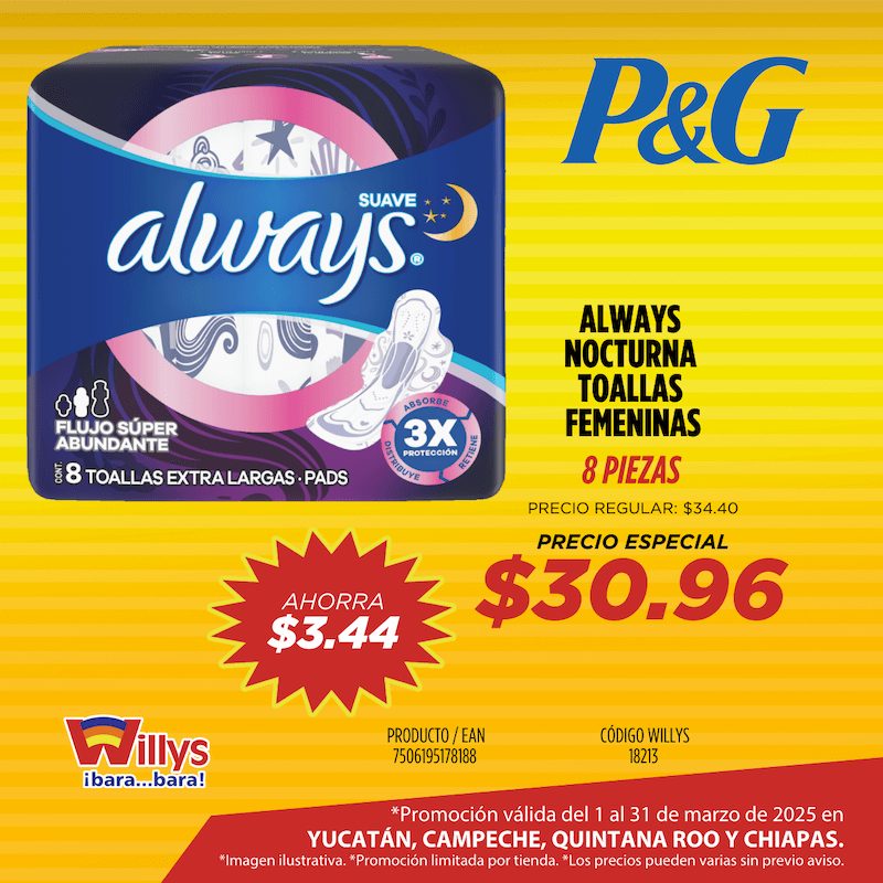 ALWAYS NOCTURNA TOALLAS FEMENINAS 8 PZAS