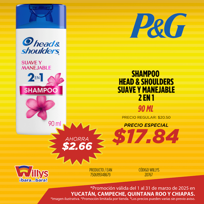 SHAMPOO HEAD AND SHOULDERS SUAVE Y MANEJABLE 2 EN 1  90ML