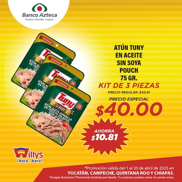 ATÚN TUNY EN ACEITE SIN SOYA POUCH 75GR.