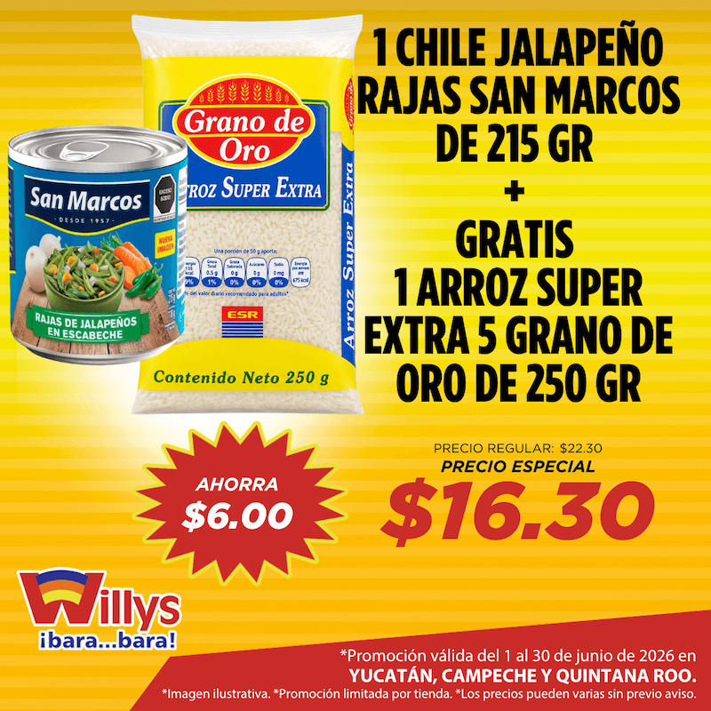 CHILE JALAPEÑO RAJAS SAN MARCO 215GR   ARROZ GRANO DE ORO 250GR