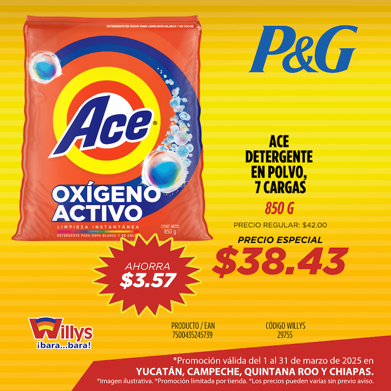 ACE DETERGENTE EN POLVO 7 CARGAS 850G