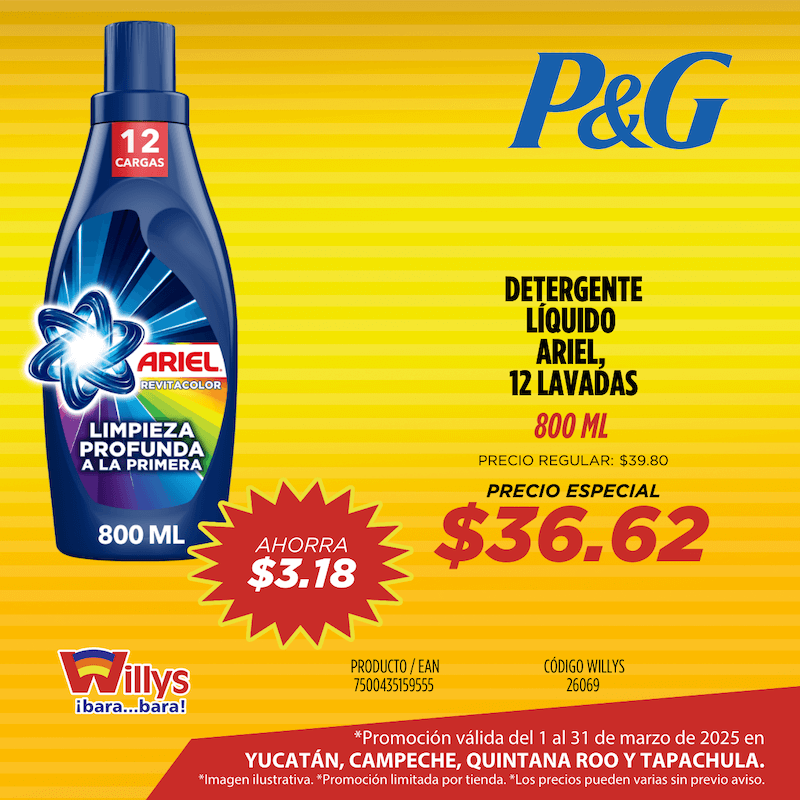 DETERGENTE LIQUIDO ARIEL 12 LAVADAS 800ML