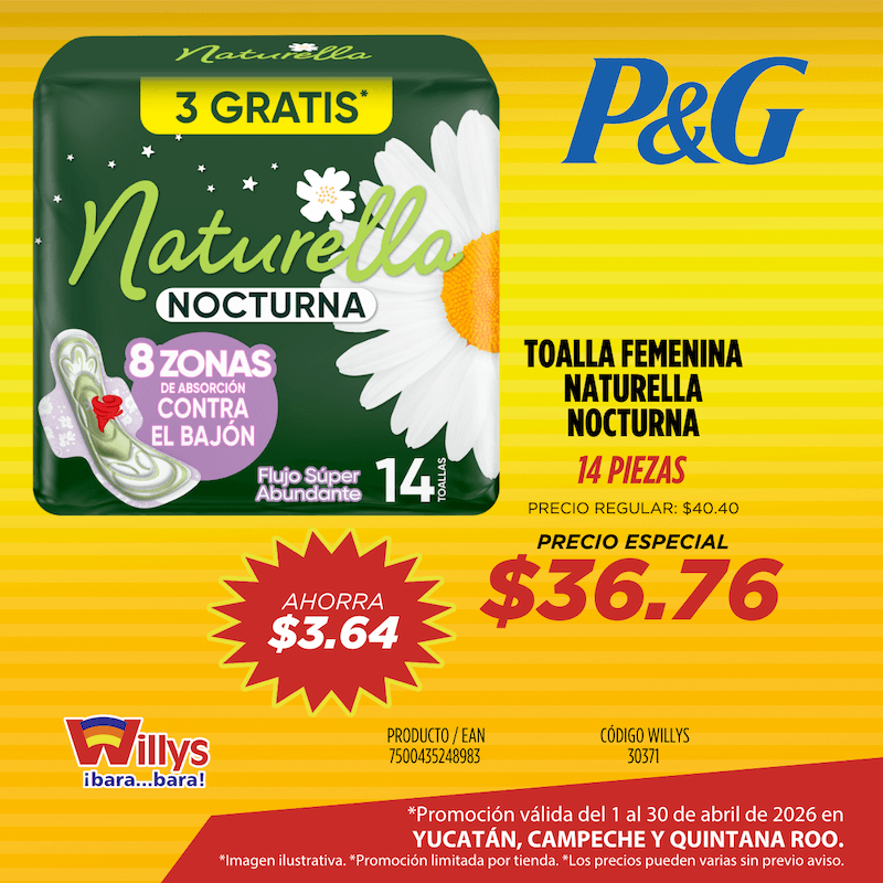 TOALLA FEMENINA NATURELLA NOCTURNA 14 PZAS