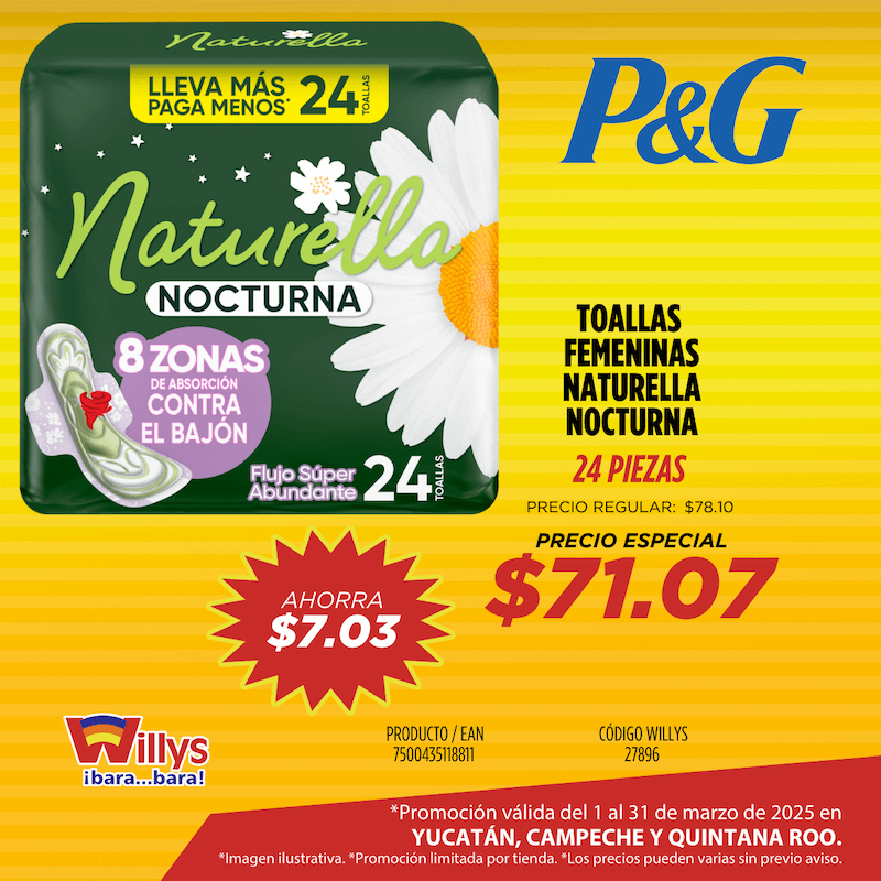 TOALLAS FEMENINAS NATURELLA NOCTURNA 24 PZAS