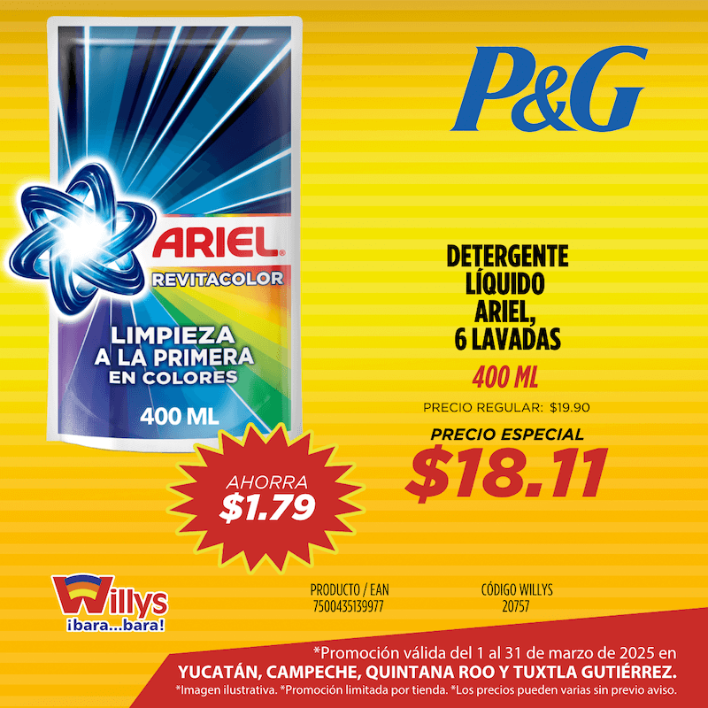 DETERGENTE LIQUIDO ARIEL 6 LAVADAS 400ML