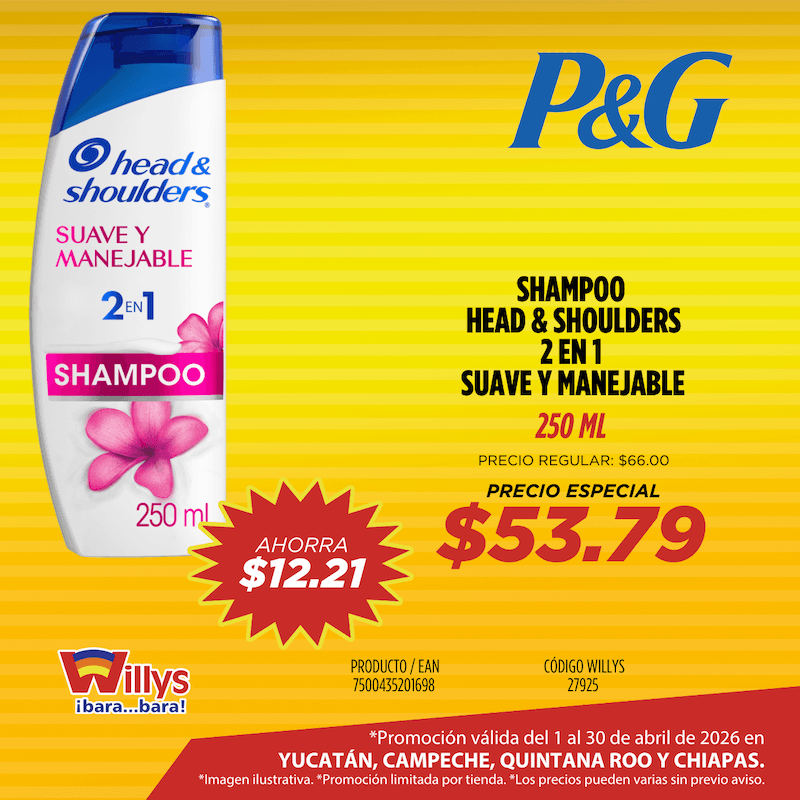 SHAMPOO HEAD AND SHOULDERS 2 EN 1 SUAVE Y MANEJABLE 250ML