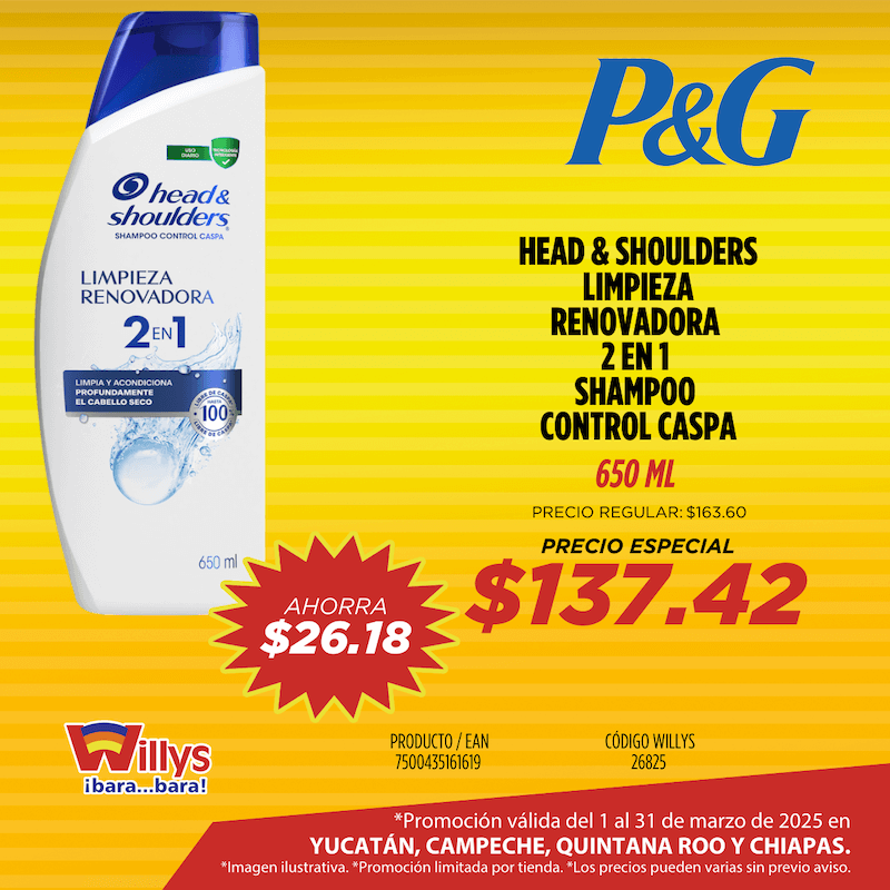 HEAD AND SHOULDERS LIMPIEZA RENOVADORA 2 EN 1 SHAMPOO CONTROL CASPA 650 ML